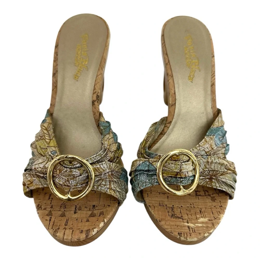 Petals Bling Jacquard Cork-Look Platform Mules Gold Ring Y2K Size 7 Bohemian